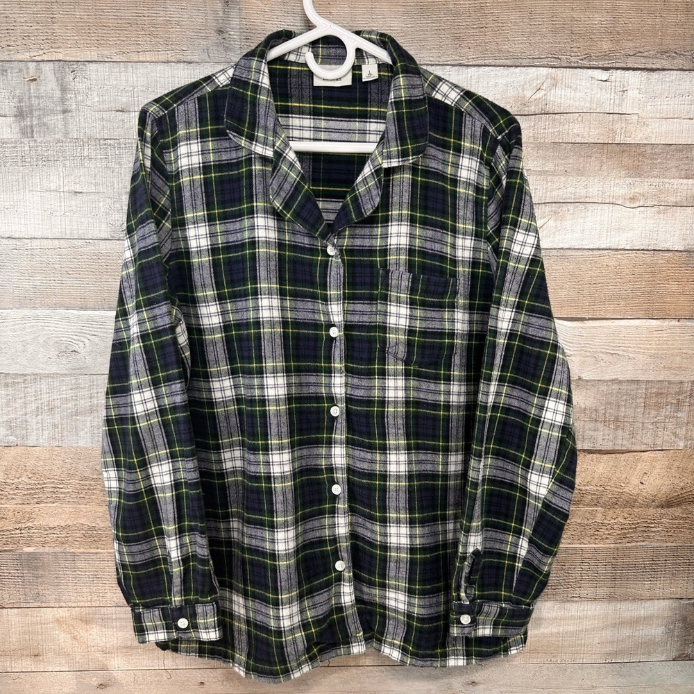 LL Bean Womens Scotch Plaid Flannel Pajama Top Green Navy L Large